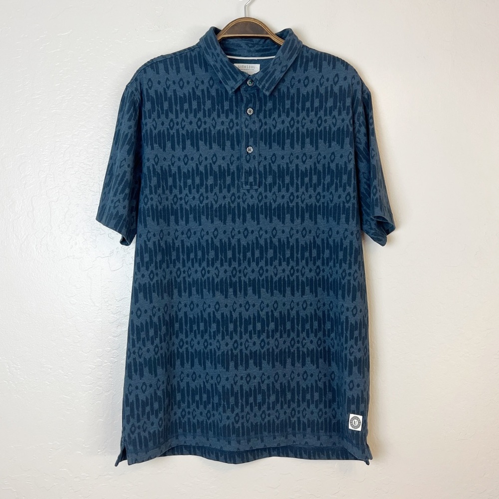 •LINKSOUL• Tempus Fugit Short Sleeve Polo‎ Shirt in Navy Aztec Print Size M
